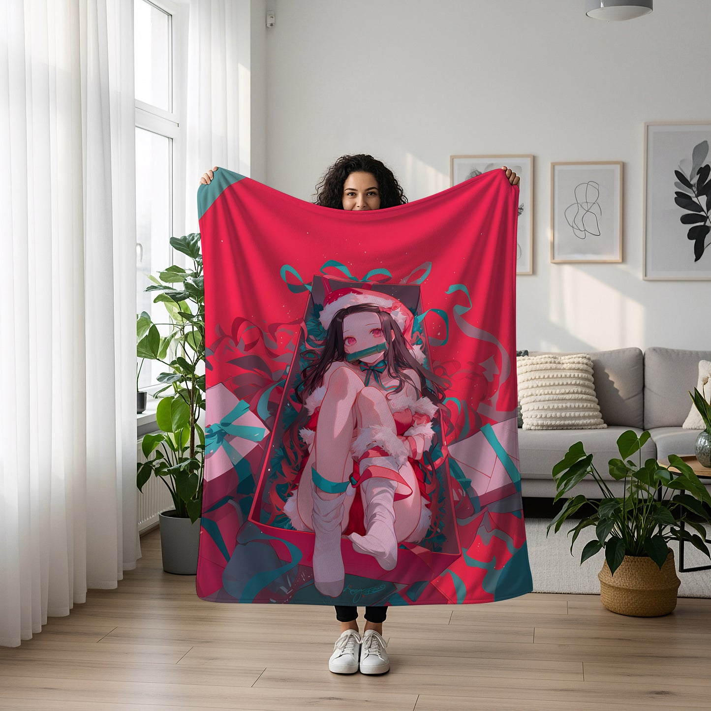 Nezuko Christmas Sexy Art Blanket, Demon Slayer Holiday Decor, Sultry X-mas Costume Design, Premium Anime Girl Gift, OOAK Art Bedding