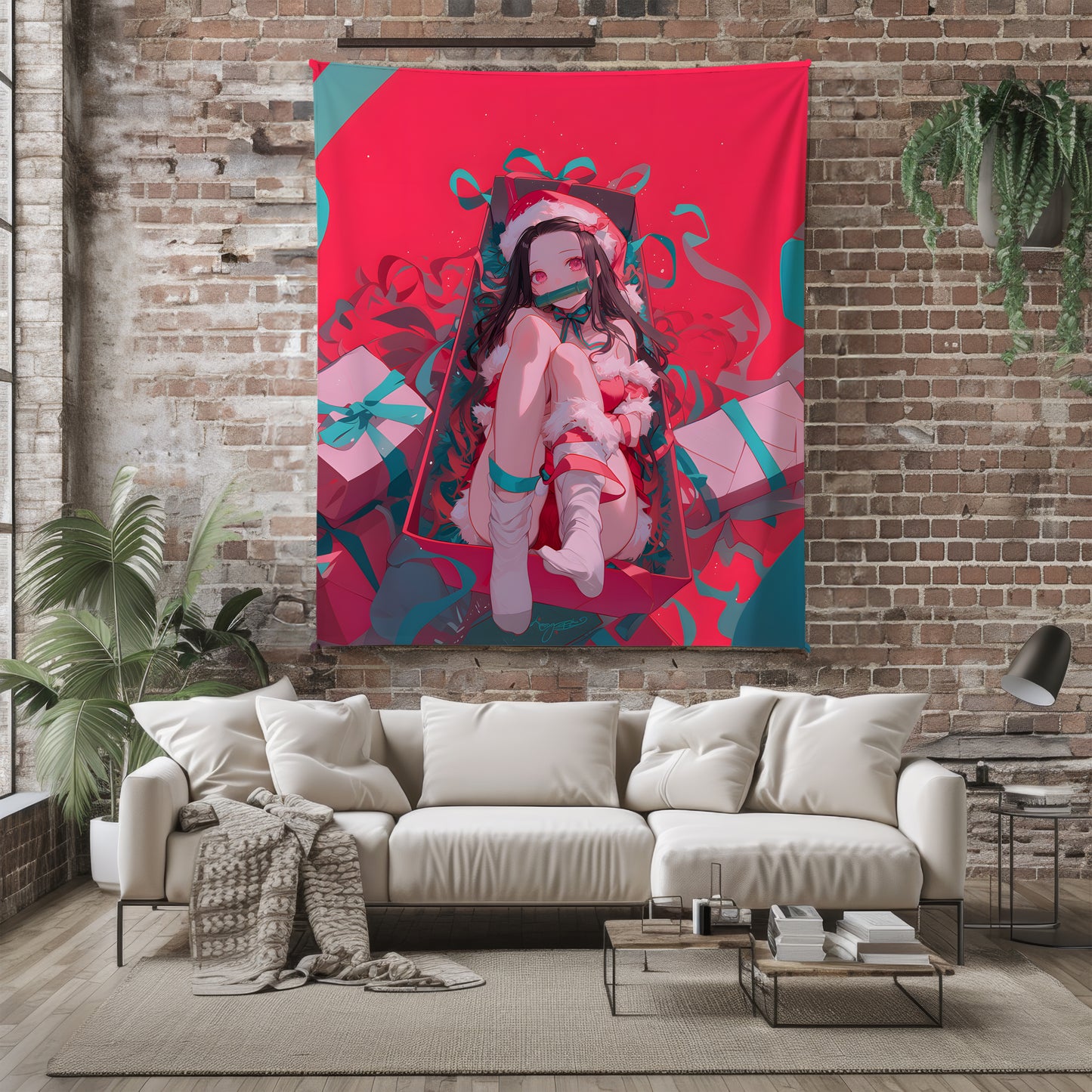 Nezuko Christmas Sexy Art Blanket, Demon Slayer Holiday Decor, Sultry X-mas Costume Design, Premium Anime Girl Gift, OOAK Art Bedding