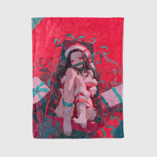 Nezuko Christmas Sexy Art Blanket, Demon Slayer Holiday Decor, Sultry X-mas Costume Design, Premium Anime Girl Gift, OOAK Art Bedding