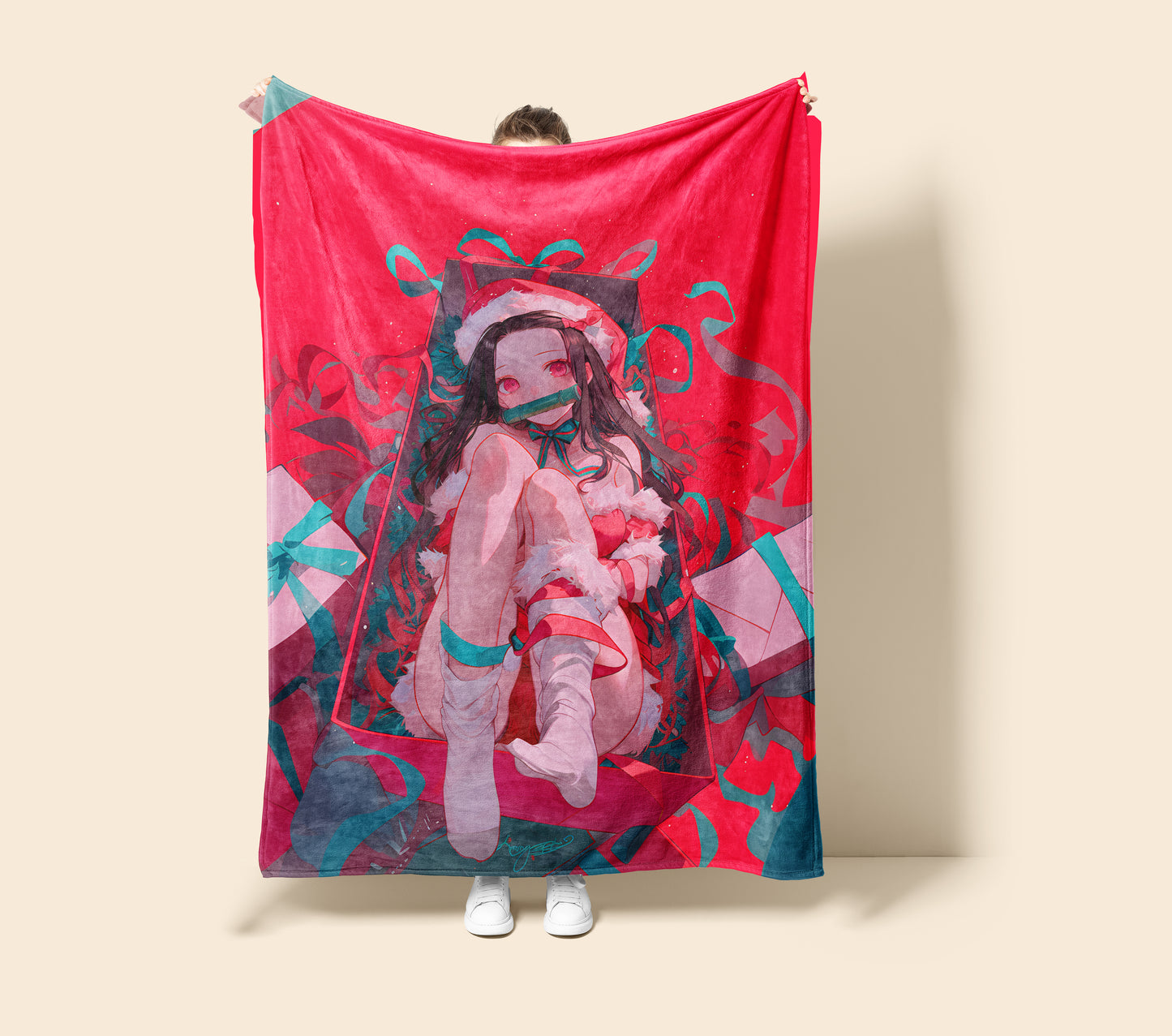 Nezuko Christmas Sexy Art Blanket, Demon Slayer Holiday Decor, Sultry X-mas Costume Design, Premium Anime Girl Gift, OOAK Art Bedding