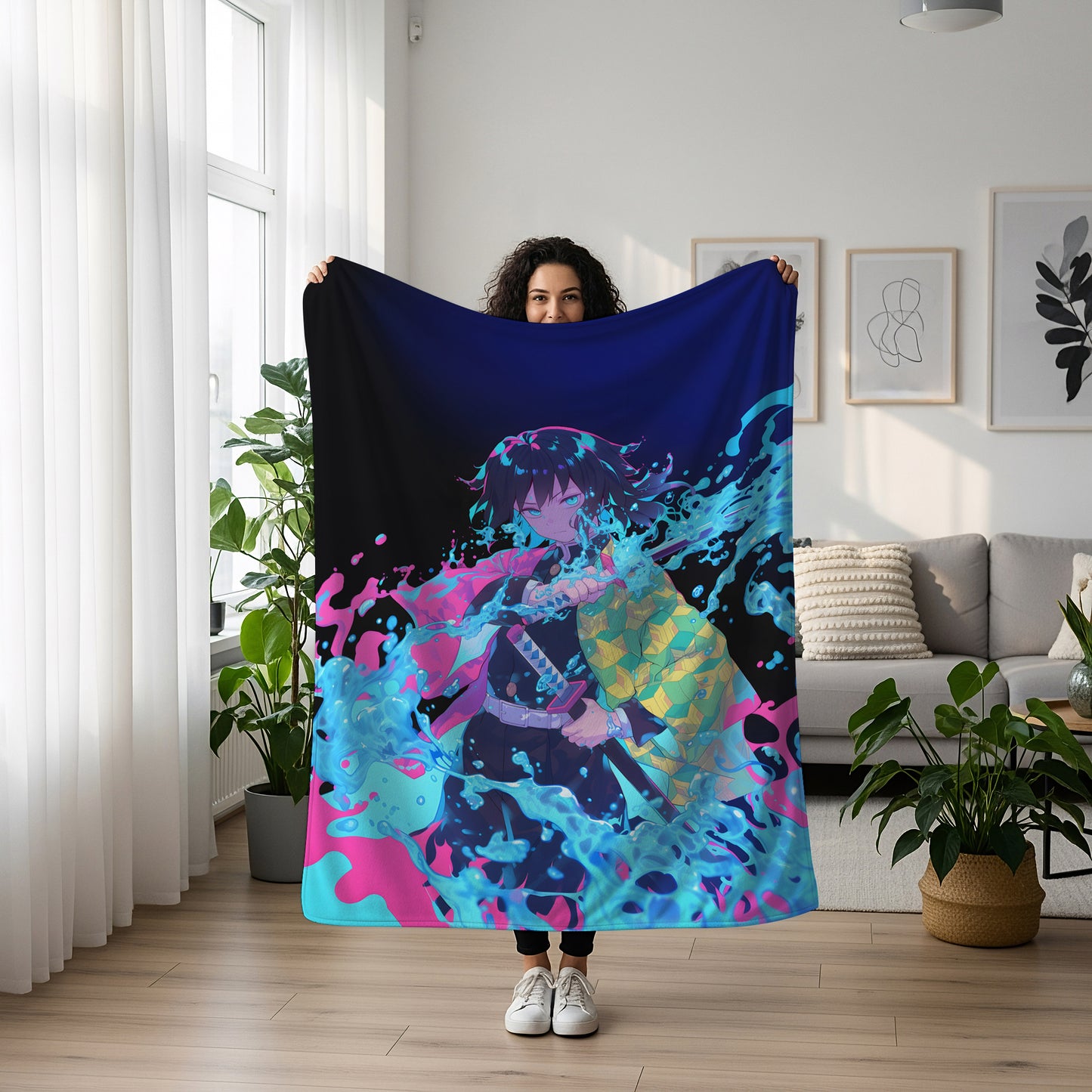Tomioka Giyu Battle Style Art Blanket, Demon Slayer Epic Combat Decor, Intense Water Hashira Design, Premium Fan Gift, Anime Art Blanket