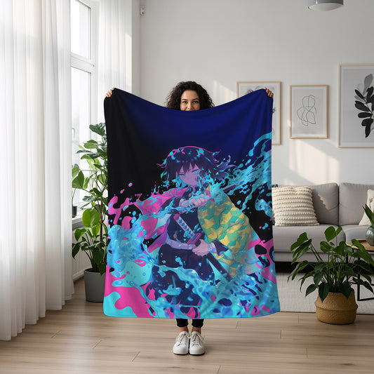 Tomioka Giyu Battle Style Art Blanket, Demon Slayer Epic Combat Decor, Intense Water Hashira Design, Premium Fan Gift, Anime Art Blanket