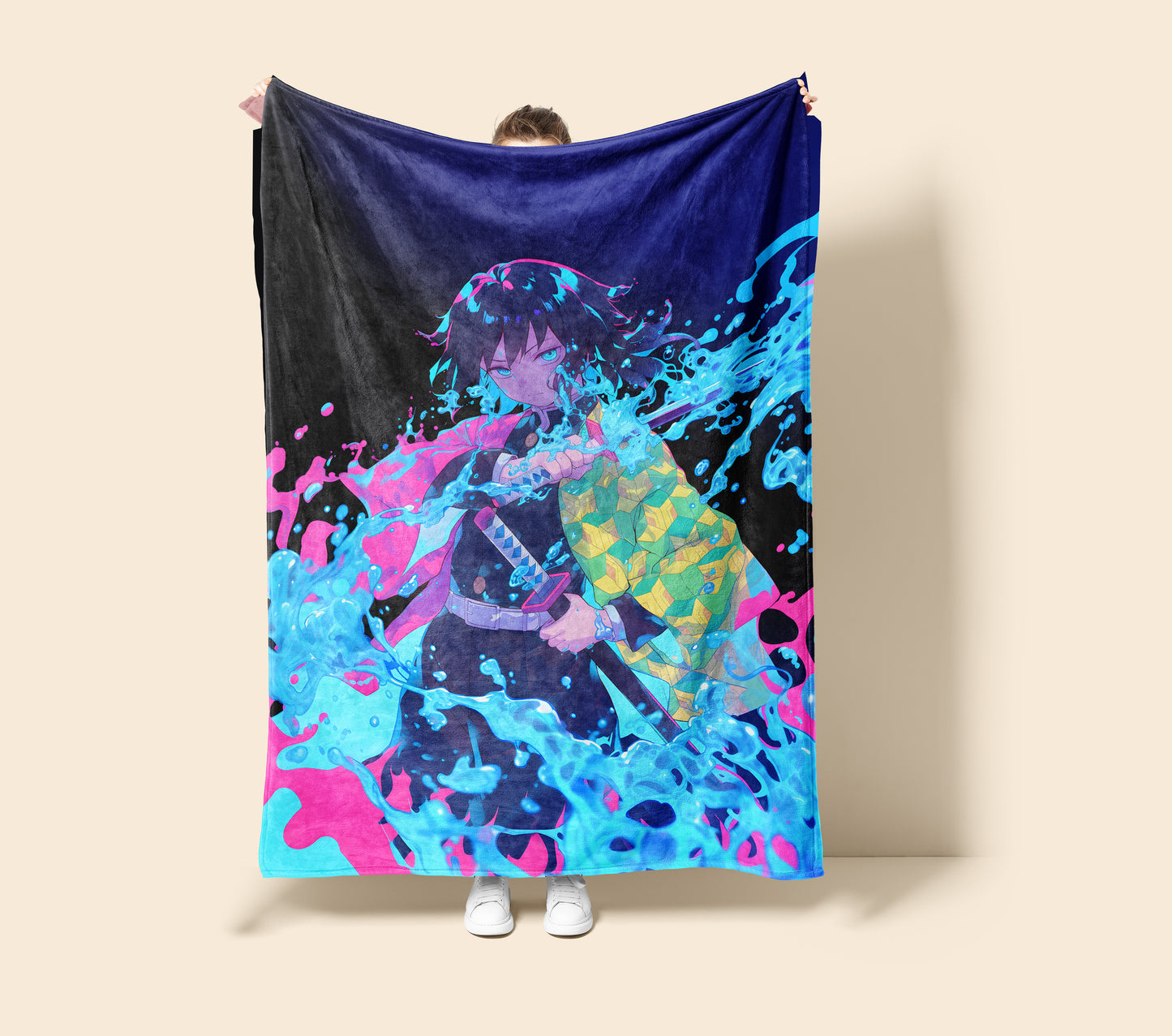Tomioka Giyu Battle Style Art Blanket, Demon Slayer Epic Combat Decor, Intense Water Hashira Design, Premium Fan Gift, Anime Art Blanket