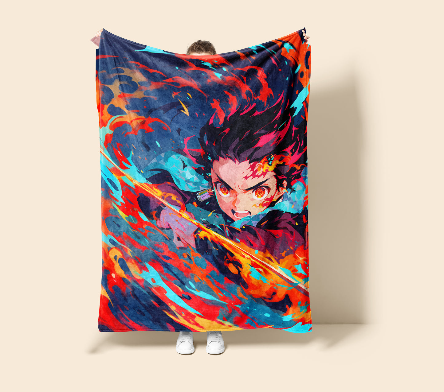 Kamado Tanjiro Battle Art Blanket, Demon Slayer Tanjiro Decor, Sun Breathing Combat Style, Premium Fan Gift, Anime Art Bedding