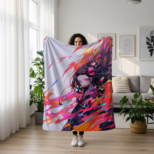 Kamado Nezuko Battle Art Blanket, Demon Slayer Fierce Nezuko Decor, Demon Form Combat Style, Premium Anime Gift, Custom Art Decor