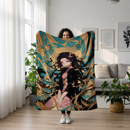 Nezuko Japanese Retro Art Blanket, Demon Slayer Vintage Decor, Traditional Ukiyo-e Style, Premium Nostalgic Gift, Aesthetic Wall Art