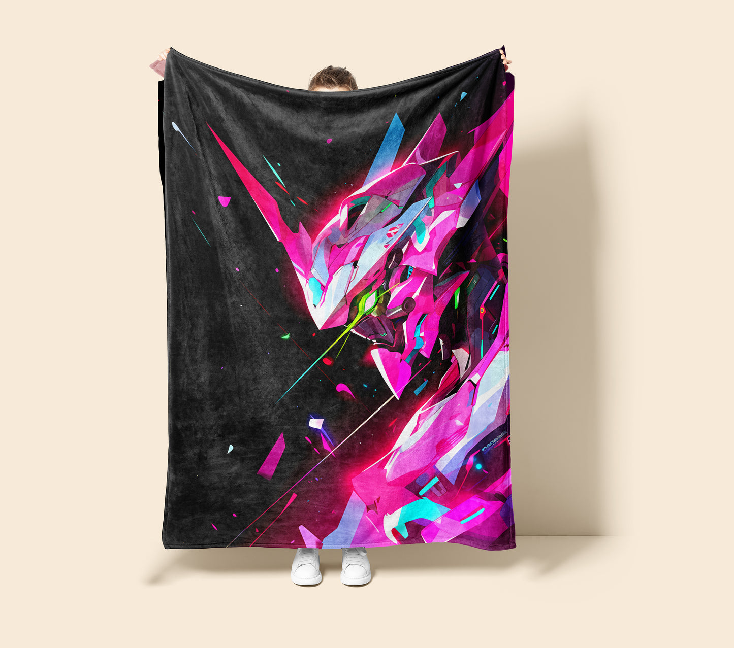 Evangelion Unit 01 Neon Art Blanket, EVA-01 Cyberpunk Decor, Retro Futuristic Mecha Design, Premium Fan Gift, Aesthetic Wall Art