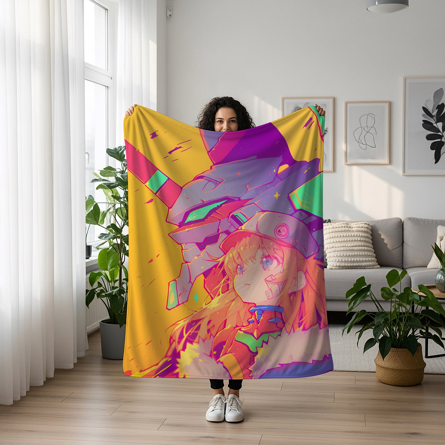 Asuka and EVA Unit 02 Art Blanket, Evangelion Asuka Mecha Decor, Dynamic Pilot Battle Style, Premium Fan Gift, Custom Art Blanket