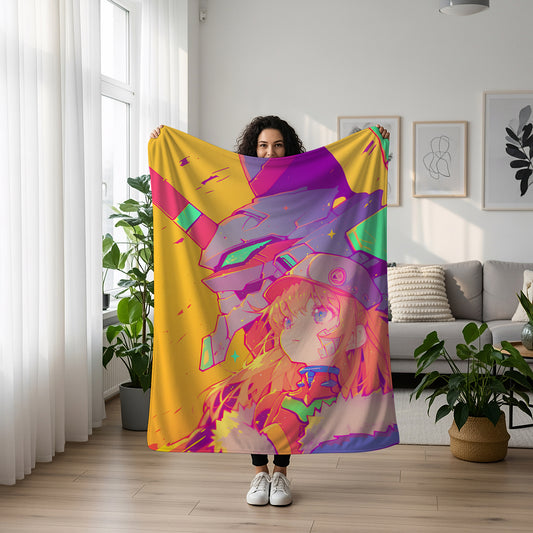 Asuka and EVA Unit 02 Art Blanket, Evangelion Asuka Mecha Decor, Dynamic Pilot Battle Style, Premium Fan Gift, Custom Art Blanket