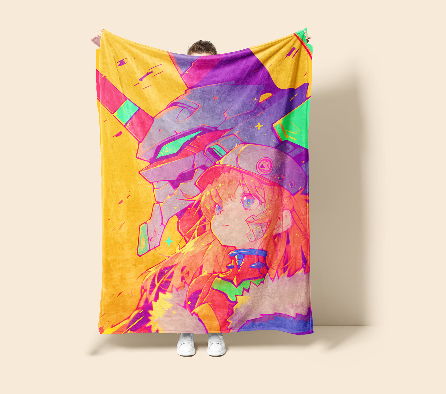 Asuka and EVA Unit 02 Art Blanket, Evangelion Asuka Mecha Decor, Dynamic Pilot Battle Style, Premium Fan Gift, Custom Art Blanket