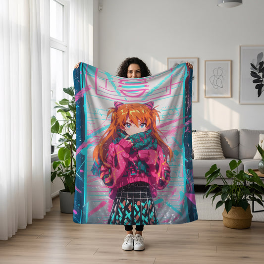 Asuka Langley Retro Art Blanket, Evangelion 90s Vintage Decor, Classic Asuka Illustration, Premium Nostalgic Gift, Aesthetic Wall Art
