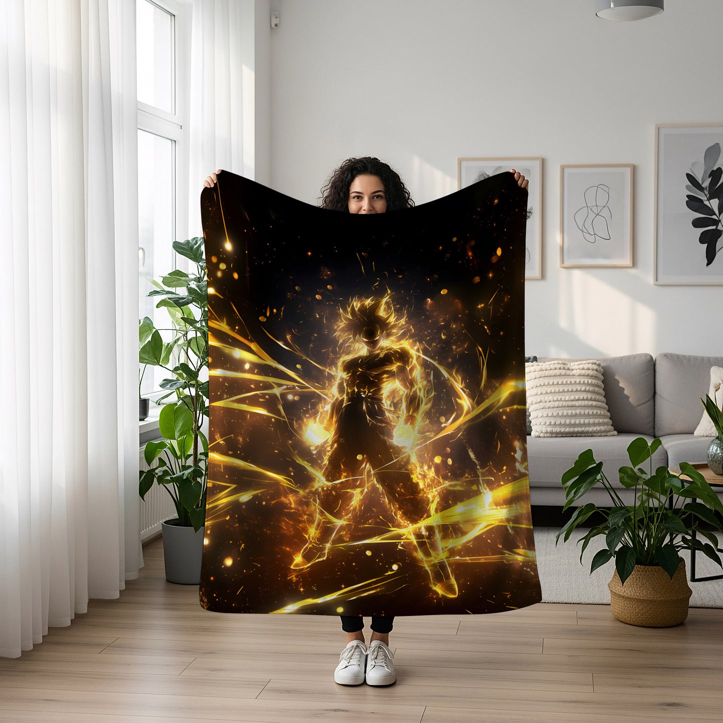 Goku Super Saiyan Golden Art Blanket, Dragon Ball Z SSJ Aura Decor, Radiant Ki Power Design, Premium Fan Gift, Anime Art Bedding