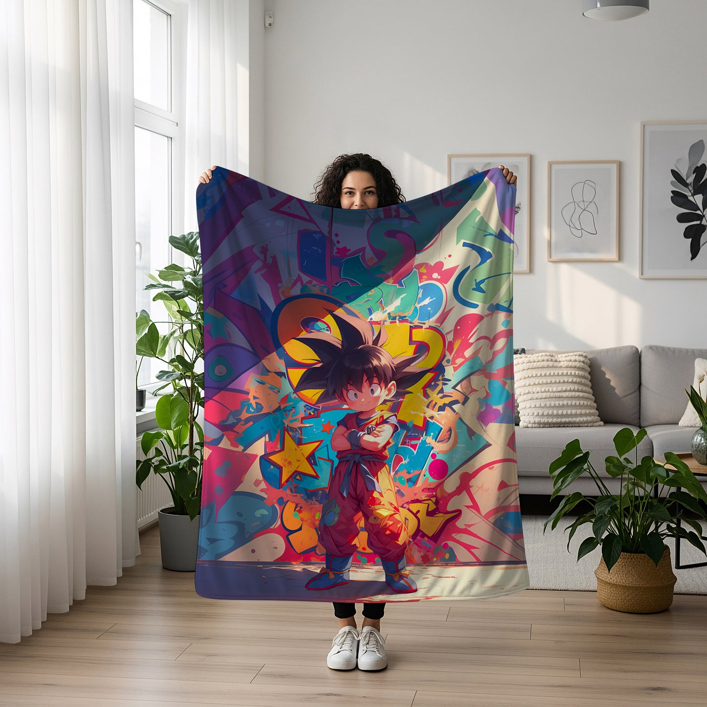 Kid Goku Graffiti Art Blanket, Dragon Ball Childhood Decor, Urban Adventure Design, Premium Anime Gift, Custom Art Blanket