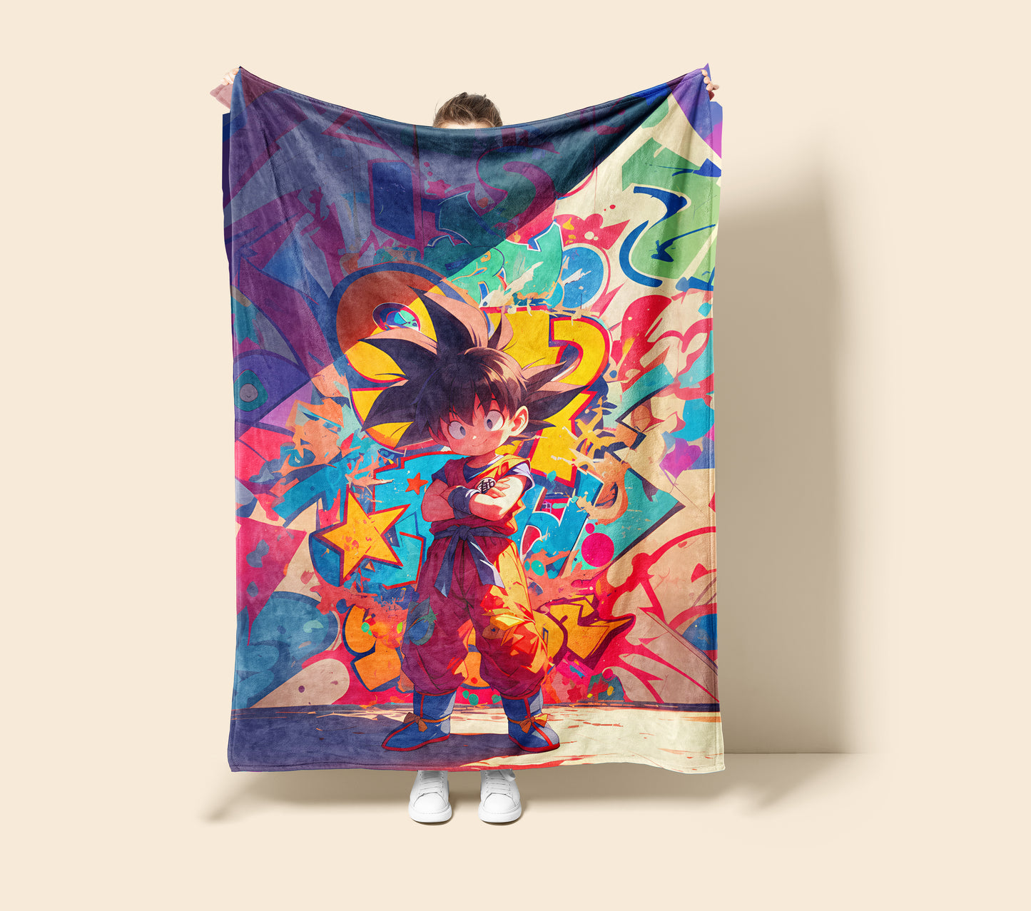 Kid Goku Graffiti Art Blanket, Dragon Ball Childhood Decor, Urban Adventure Design, Premium Anime Gift, Custom Art Blanket