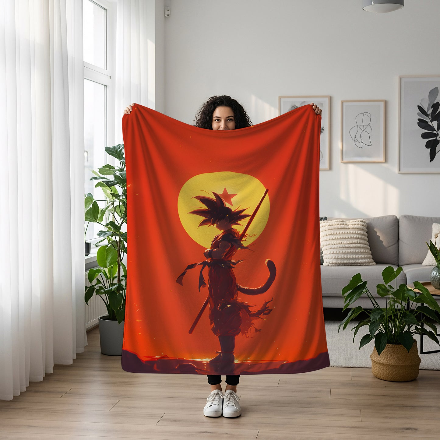Goku Sunset Manga Art Blanket, Dragon Ball Aesthetic Decor, Golden Hour Warrior Design, Premium Fan Gift, Anime Art Blanket