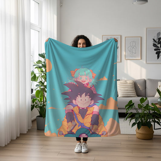 Goku and Bulma Art Blanket, Dragon Ball Classic Duo Decor, Original Adventure Design, Premium Fan Gift, OOAK Art Bedding