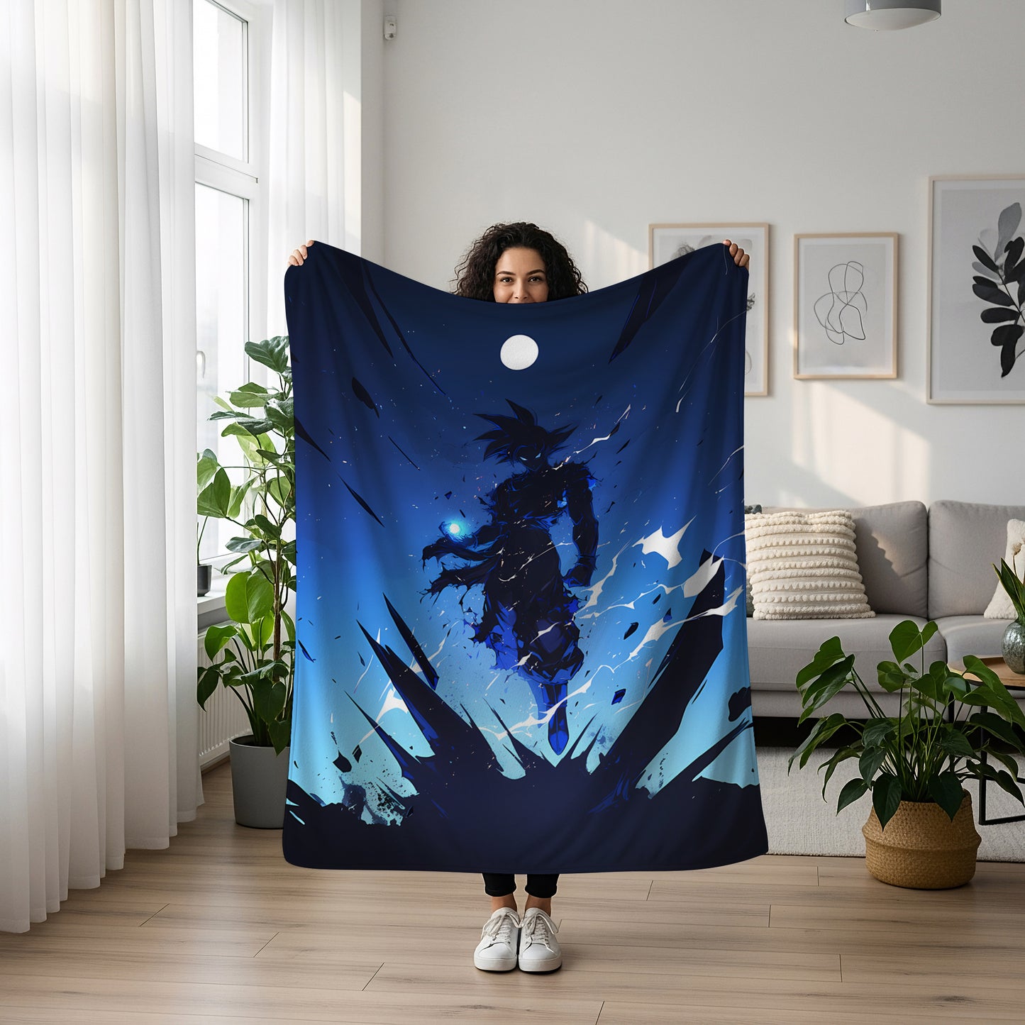Goku Super Saiyan Night Art Blanket, Dragon Ball Dark Moonlight Decor, Midnight Warrior Design, Premium Fan Gift, Anime Art