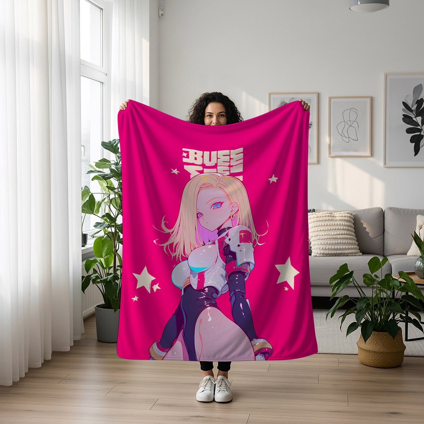 Android 18 Sexy Rubber Suit Blanket, Dragon Ball Sultry Bodysuit Decor, Glossy Femme Fatale Design, Premium Girl Gift, Art Bedding