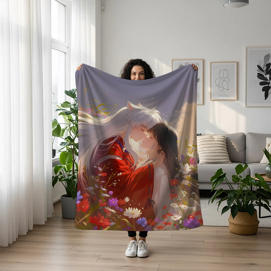 Inuyasha and Kagome Higurashi Classic Duo Flannel Blanket, Inuyasha Merch, Sengoku Anime Peripheral, Otaku Bedding
