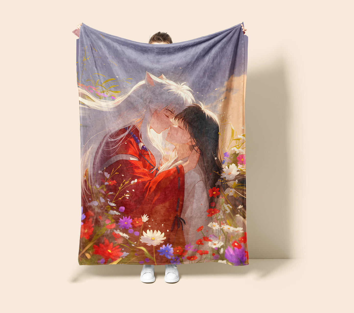 Inuyasha and Kagome Higurashi Classic Duo Flannel Blanket, Inuyasha Merch, Sengoku Anime Peripheral, Otaku Bedding