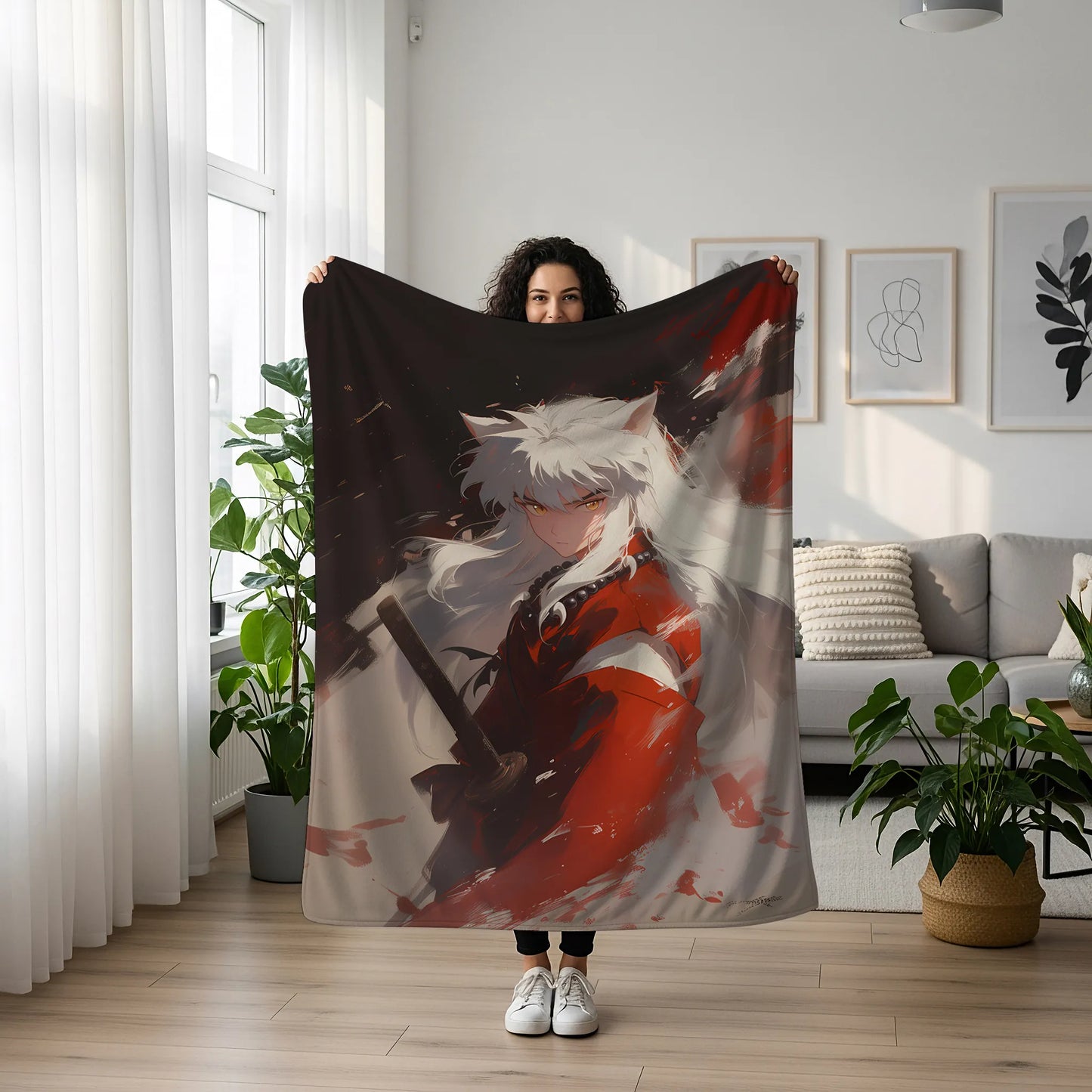 Inuyasha Tessaiga Combat Form Flannel Blanket, Inuyasha Merch, Half-Demon Anime Peripheral, Otaku Decor