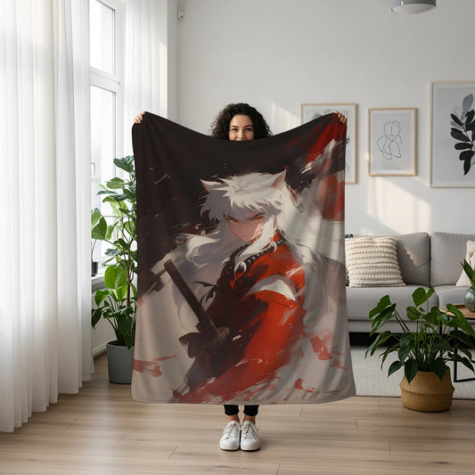 Inuyasha Tessaiga Combat Form Flannel Blanket, Inuyasha Merch, Half-Demon Anime Peripheral, Otaku Decor