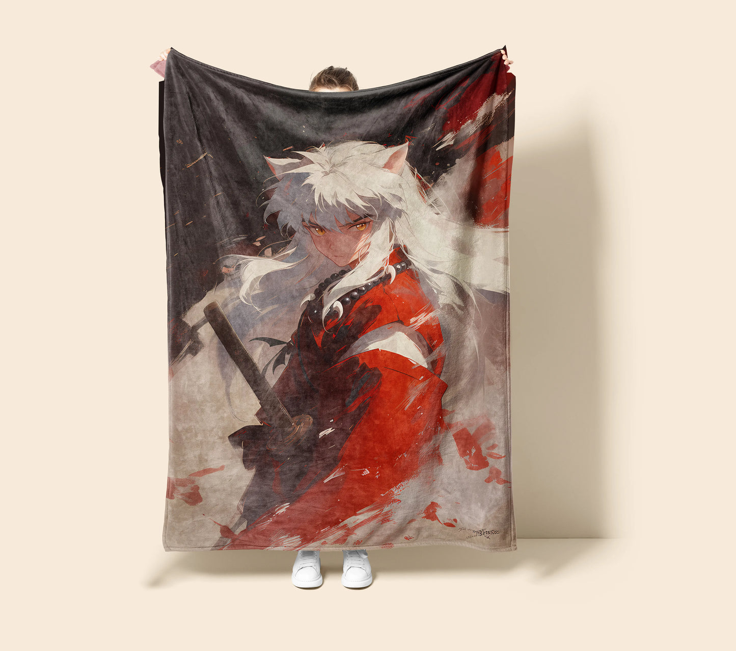 Inuyasha Tessaiga Combat Form Flannel Blanket, Inuyasha Merch, Half-Demon Anime Peripheral, Otaku Decor