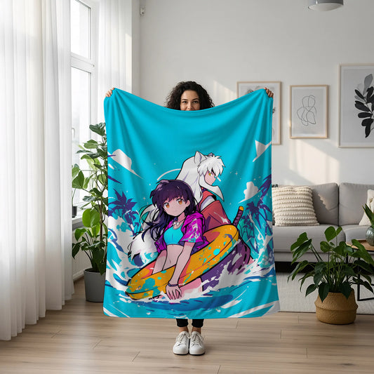 Inuyasha and Kagome Higurashi Cute Chibi Flannel Blanket, Inuyasha Merch, Kawaii Anime Peripheral, Otaku Gift