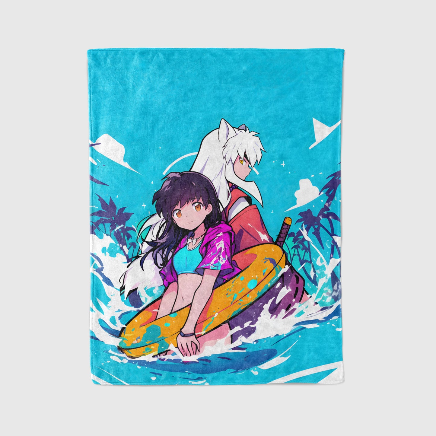 Inuyasha and Kagome Higurashi Cute Chibi Flannel Blanket, Inuyasha Merch, Kawaii Anime Peripheral, Otaku Gift
