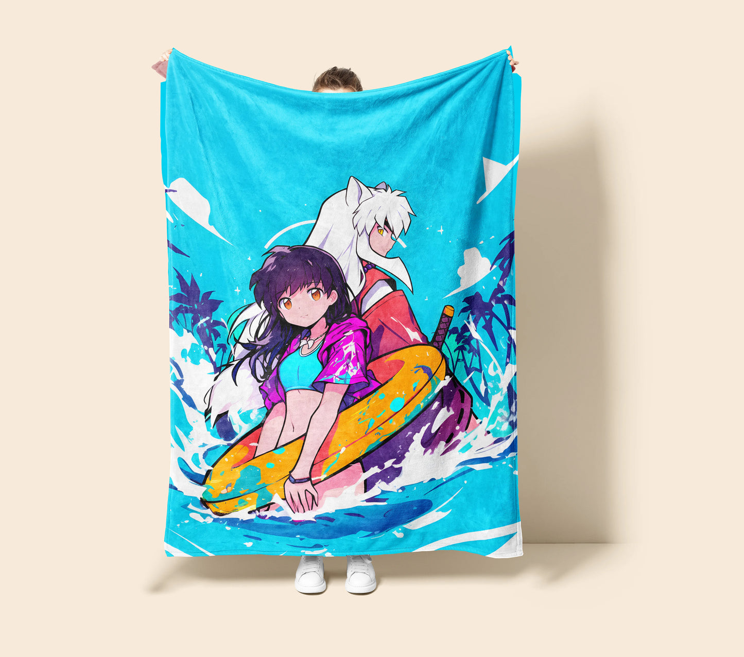 Inuyasha and Kagome Higurashi Cute Chibi Flannel Blanket, Inuyasha Merch, Kawaii Anime Peripheral, Otaku Gift