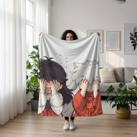 Inuyasha and Kagome Higurashi Kawaii Edition Flannel Blanket, Inuyasha Merch, Anime Peripheral, Otaku Gift Bedding