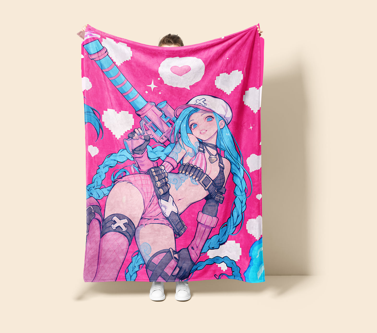 Jinx Candy Cane Art Blanket, League of Legends Christmas Decor, Sexy Holiday Jinx Design, Premium Anime Girl Gift, OOAK Art
