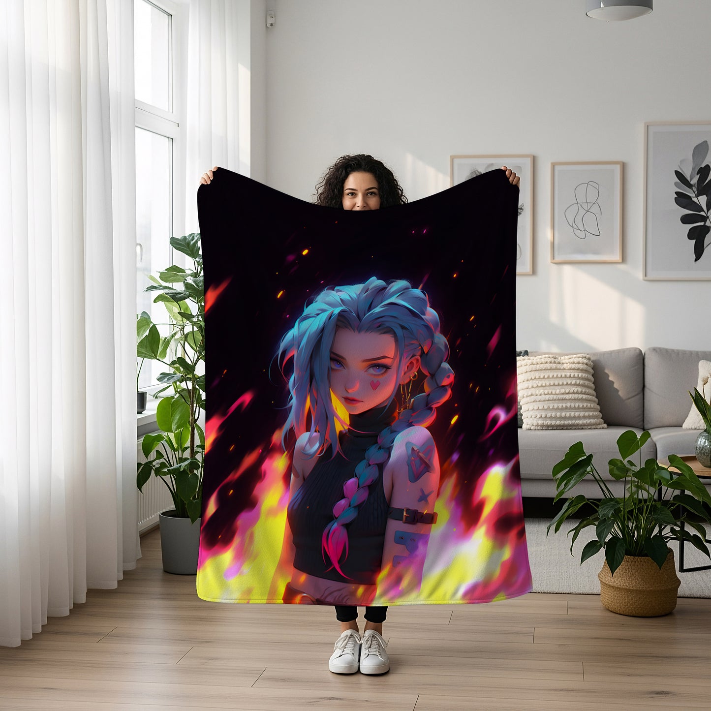 Jinx American Comic Art Blanket, League of Legends Arcane Decor, Gritty Street Art Style, Premium Fan Gift, Aesthetic Wall Art