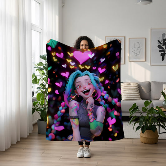 Jinx Pixar Painting Art Blanket, League of Legends Artistic Decor, Digital Concept Art Design, Premium Fan Gift, Anime Art Blanket