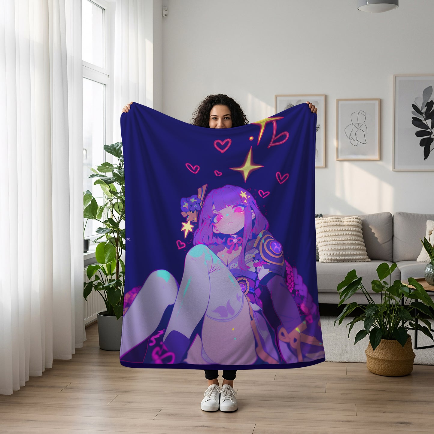 Genshin Impact Raiden Shogun Mature Aesthetic Flannel Blanket, Raiden Ei Anime Art Bedding, Premium Otaku Home Decor