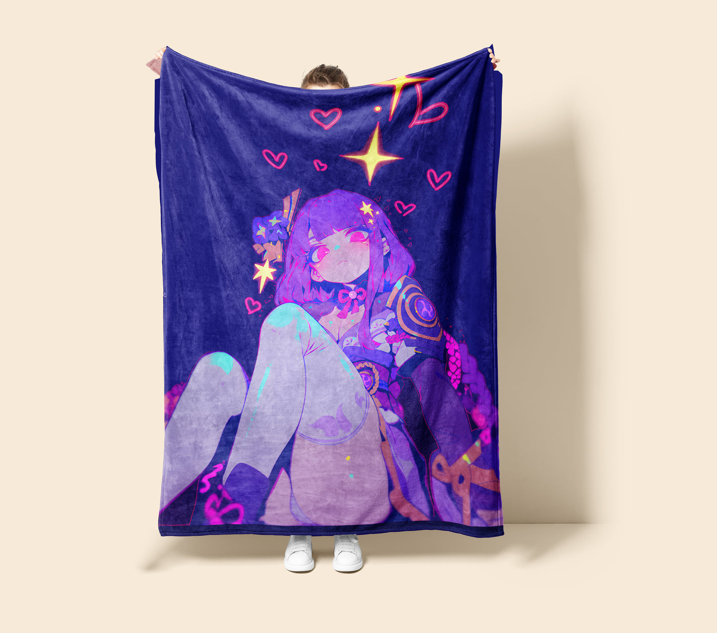 Genshin Impact Raiden Shogun Mature Aesthetic Flannel Blanket, Raiden Ei Anime Art Bedding, Premium Otaku Home Decor