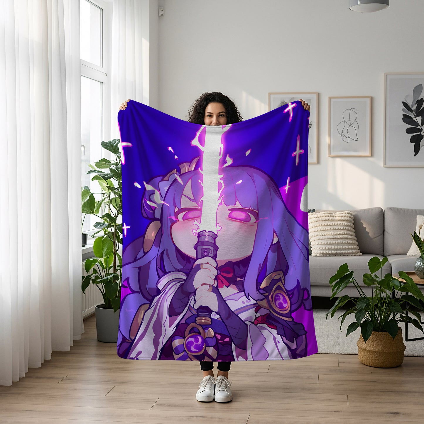 Genshin Impact Raiden Shogun Chibi Style Flannel Blanket, Cute Raiden Ei Soft Bedding, Kawaii Otaku Home Decor