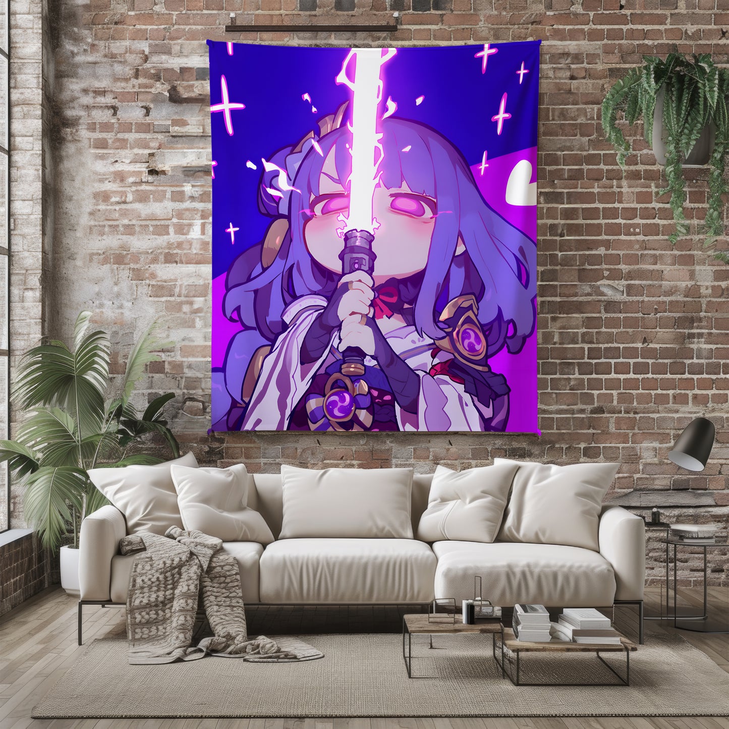 Genshin Impact Raiden Shogun Chibi Style Flannel Blanket, Cute Raiden Ei Soft Bedding, Kawaii Otaku Home Decor