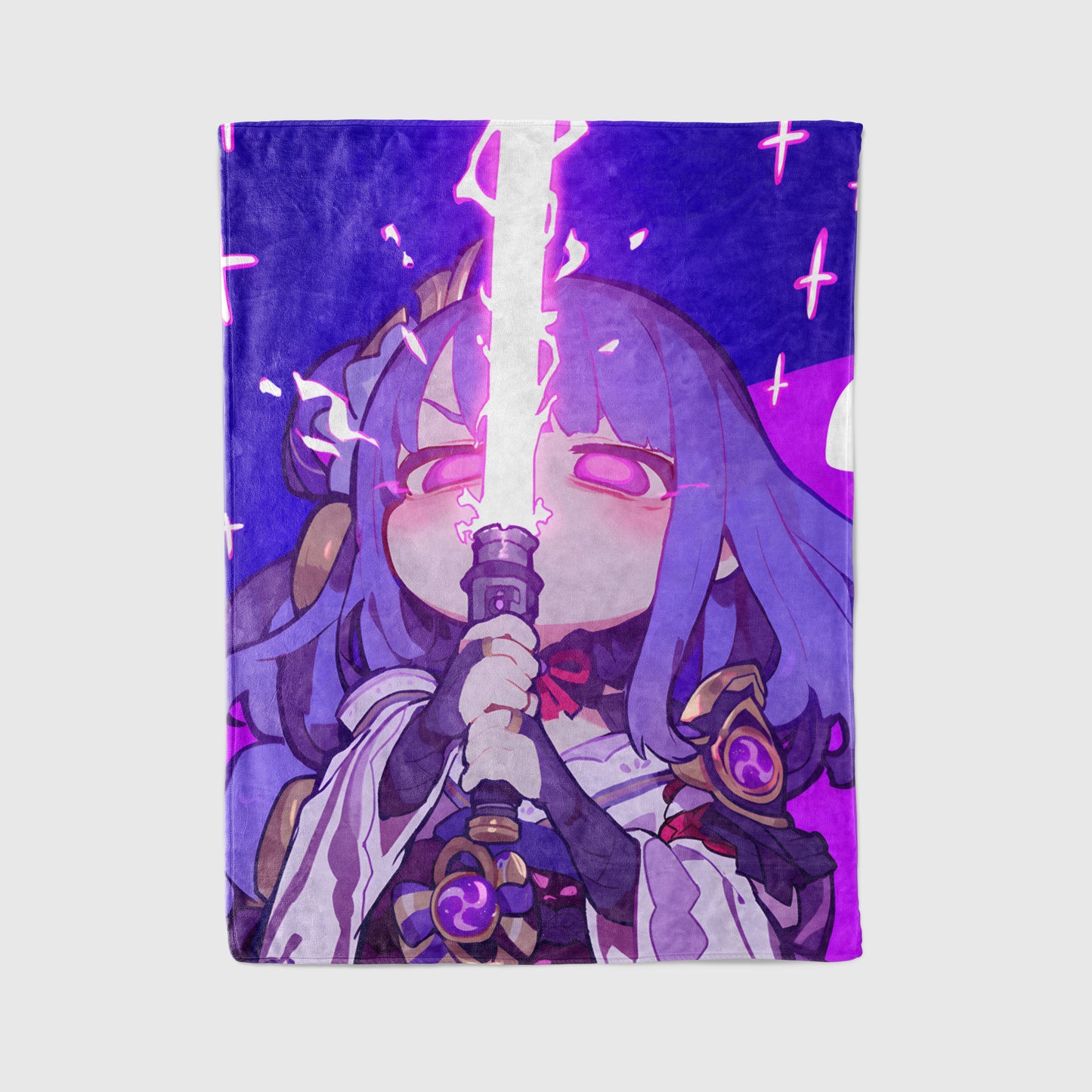 Genshin Impact Raiden Shogun Chibi Style Flannel Blanket, Cute Raiden Ei Soft Bedding, Kawaii Otaku Home Decor