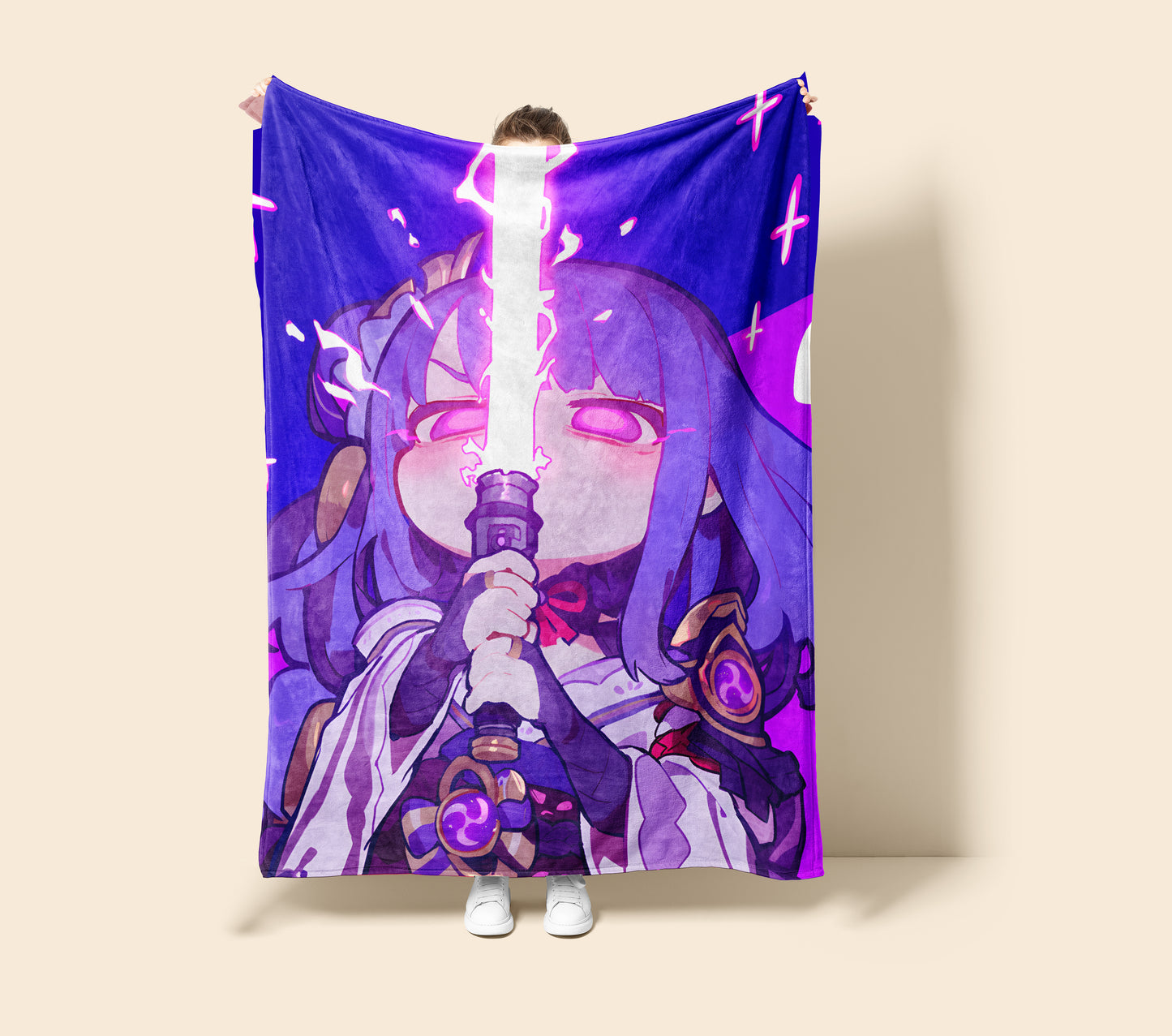 Genshin Impact Raiden Shogun Chibi Style Flannel Blanket, Cute Raiden Ei Soft Bedding, Kawaii Otaku Home Decor