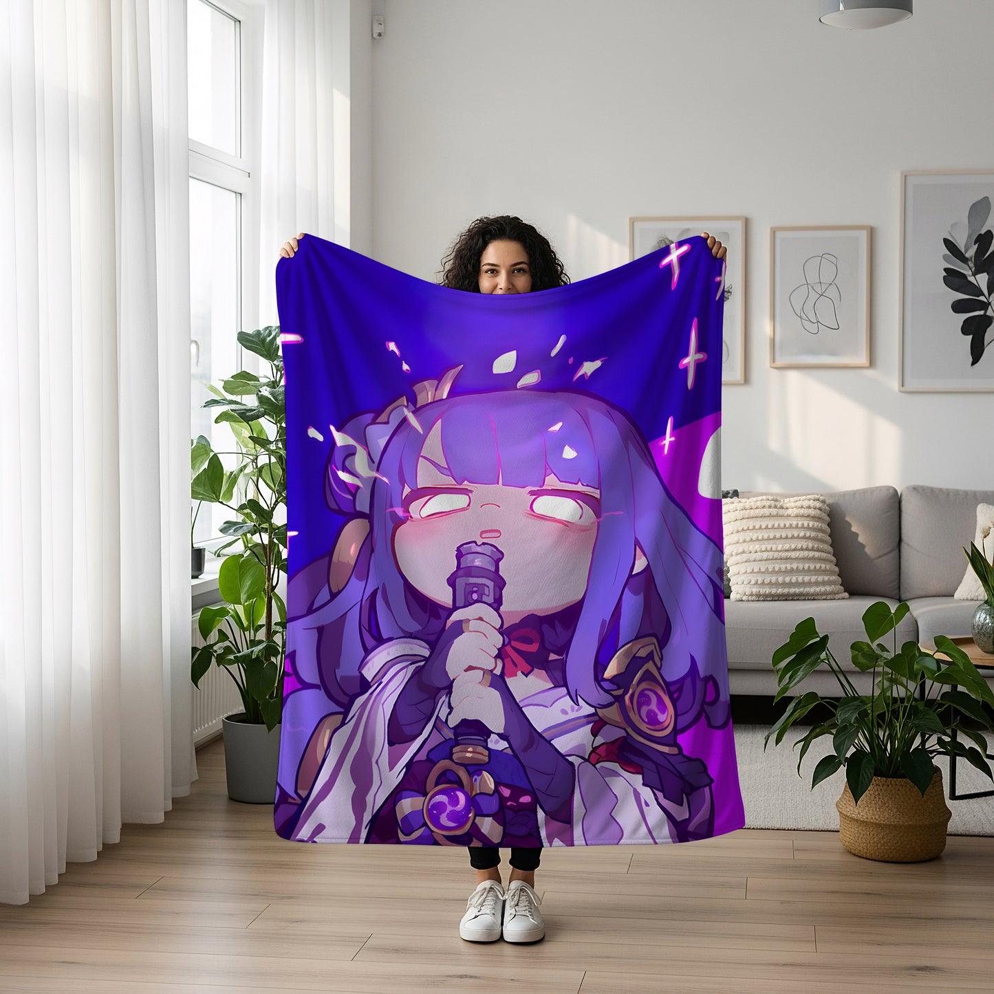 Genshin Impact Raiden Shogun Sweet Aesthetic Flannel Blanket, Kawaii Raiden Ei Cozy Decor, Premium Anime Bedding
