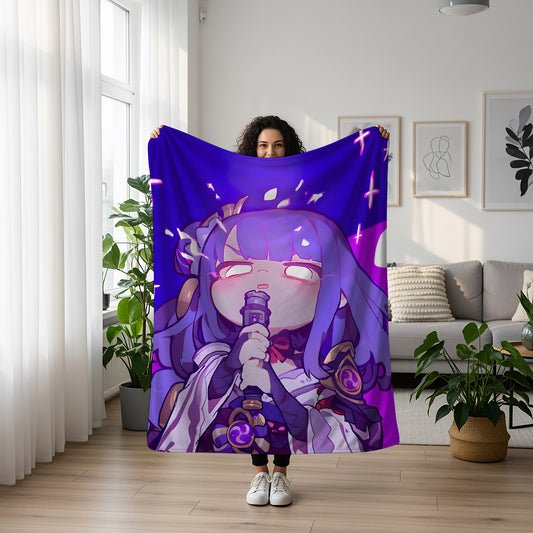 Genshin Impact Raiden Shogun Sweet Aesthetic Flannel Blanket, Kawaii Raiden Ei Cozy Decor, Premium Anime Bedding