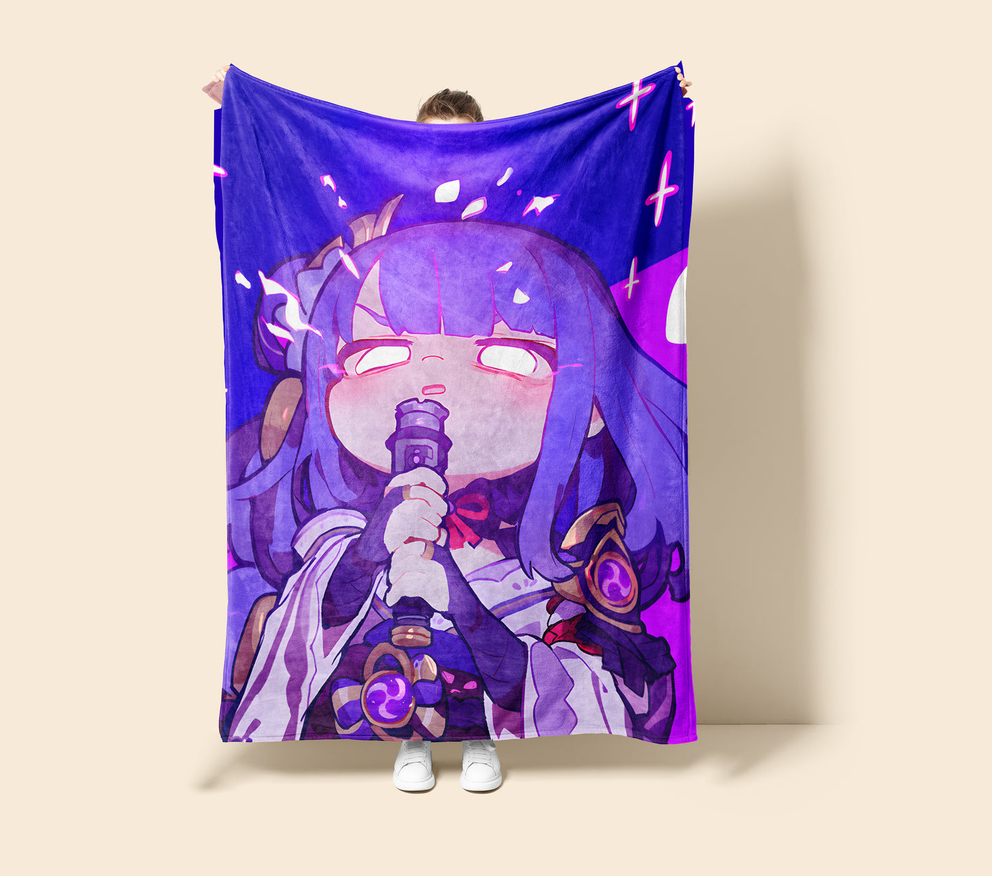 Genshin Impact Raiden Shogun Sweet Aesthetic Flannel Blanket, Kawaii Raiden Ei Cozy Decor, Premium Anime Bedding