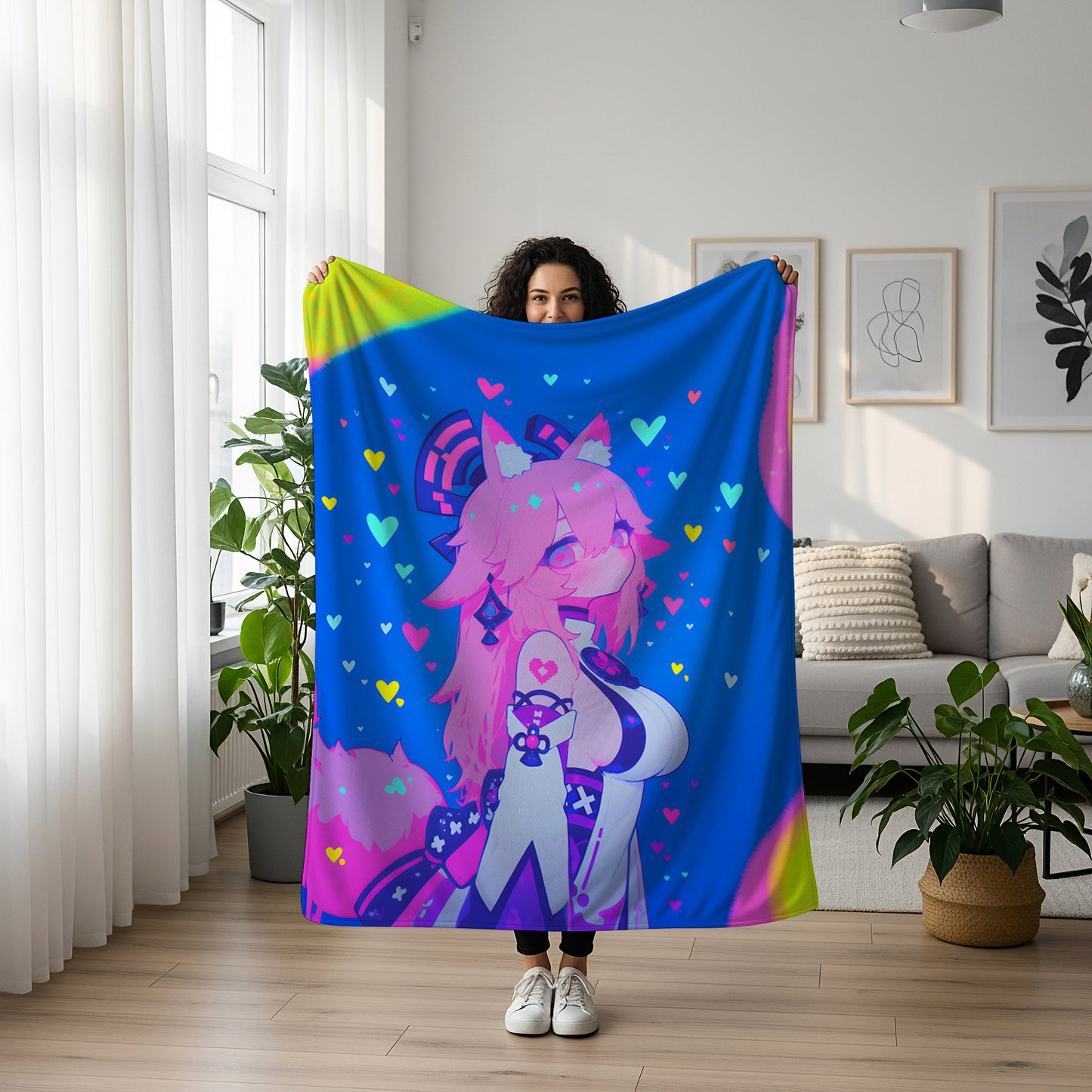 Genshin Impact Yae Miko Combat Bodysuit Flannel Blanket, Fierce Guuji Anime Bedding, High Quality Otaku Decor