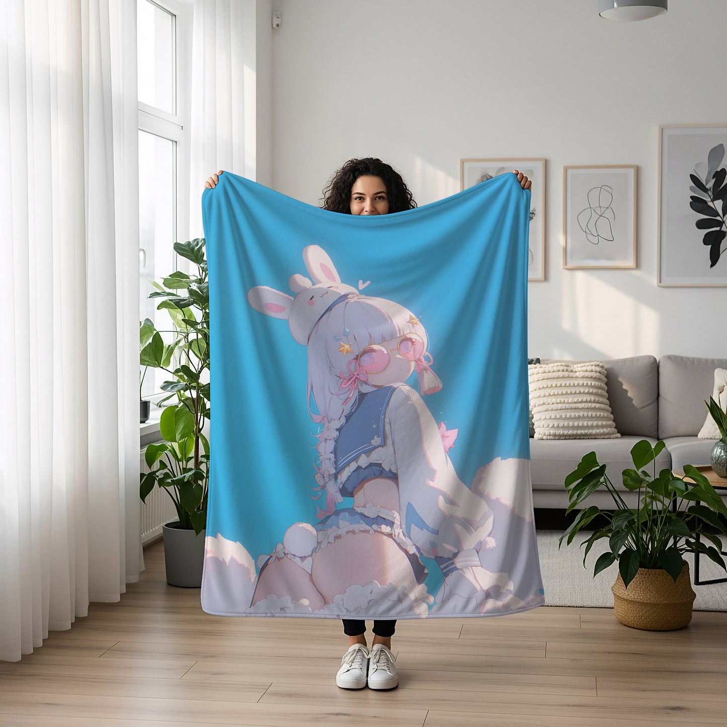 Genshin Impact Kamisato Ayaka Bunny Girl Flannel Blanket, Inazuma Princess Art Bedding, Soft Otaku Decor