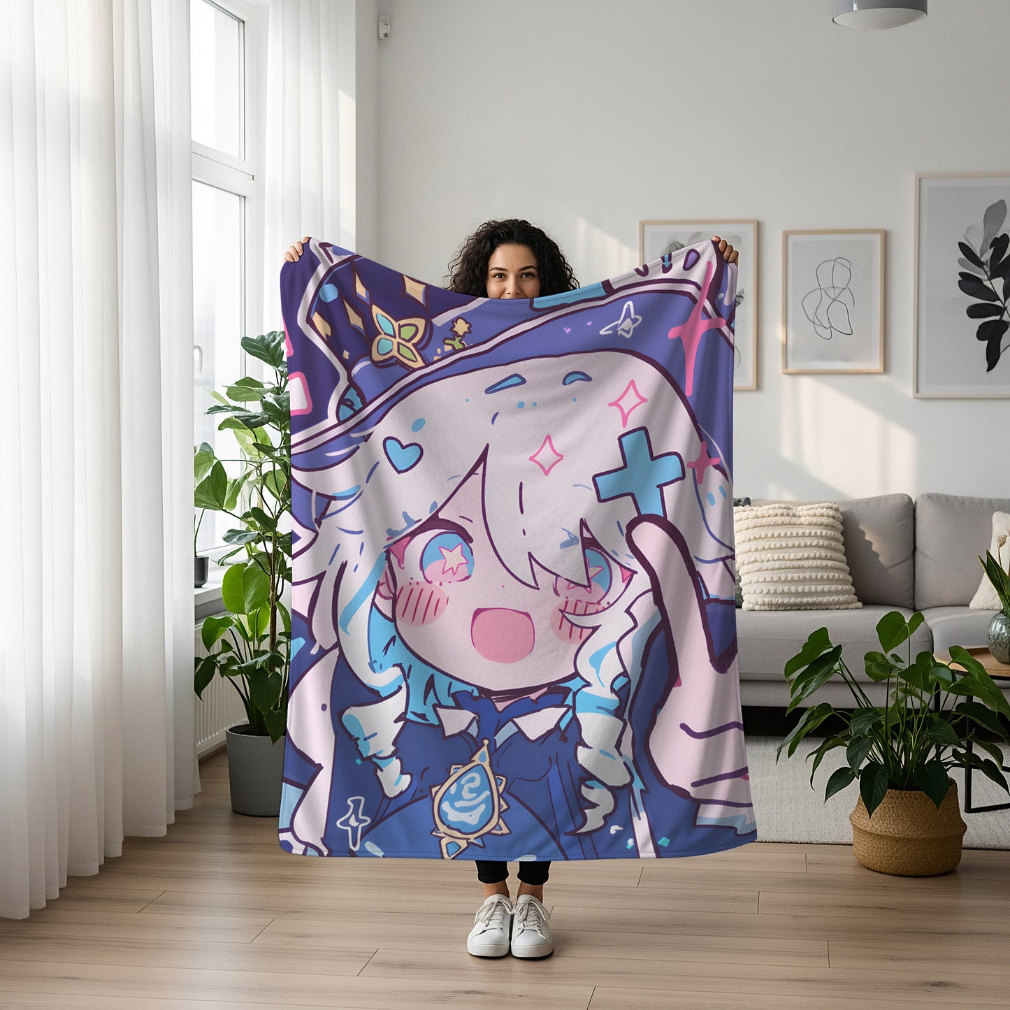 Genshin Impact Furina Chibi Style Flannel Blanket, Hydro Archon Focalors Cute Bedding, Kawaii Anime Gift
