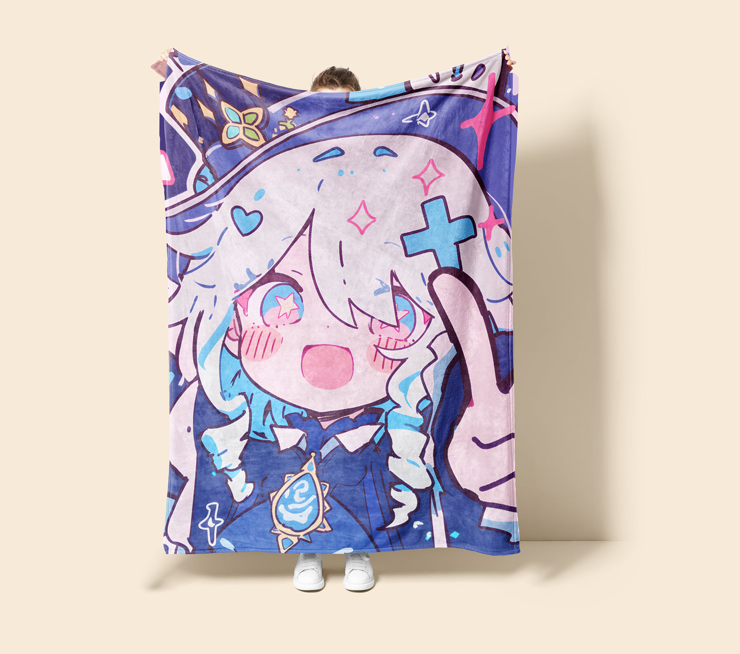 Genshin Impact Furina Chibi Style Flannel Blanket, Hydro Archon Focalors Cute Bedding, Kawaii Anime Gift