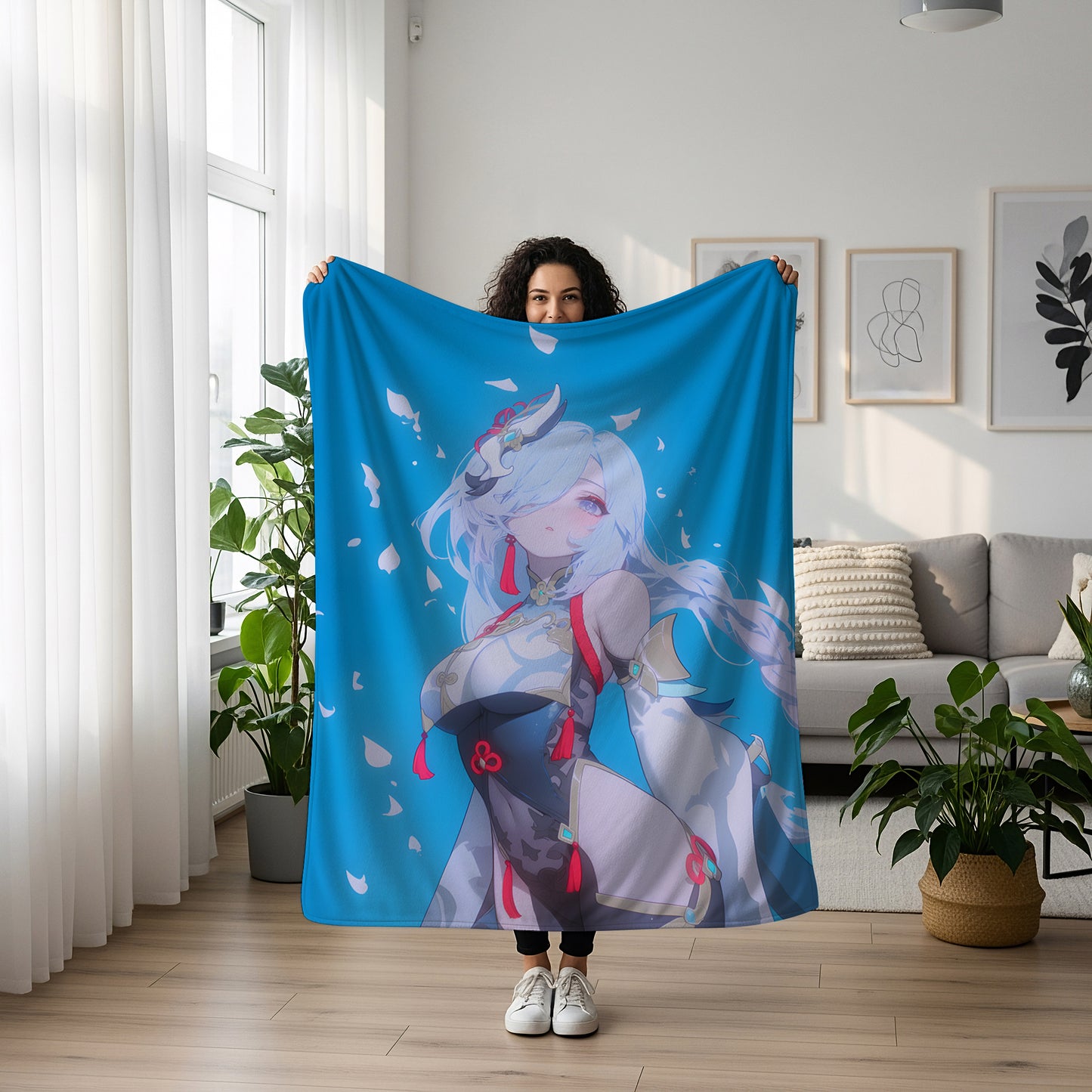 Genshin Impact Shenhe Combat Bodysuit Flannel Blanket, Liyue Adeptus Art Bedding, Sleek Otaku Home Decor
