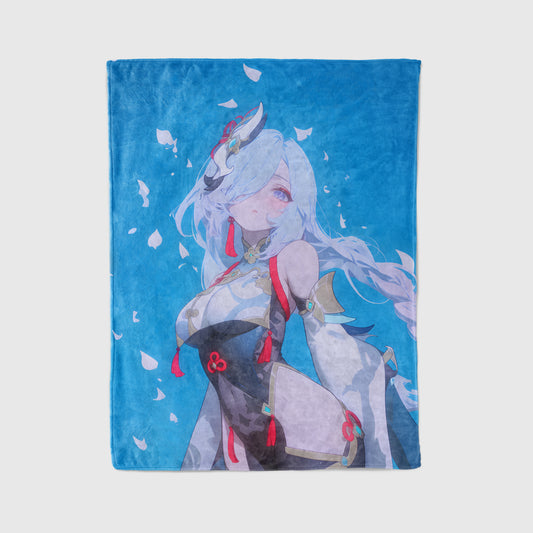 Genshin Impact Shenhe Combat Bodysuit Flannel Blanket, Liyue Adeptus Art Bedding, Sleek Otaku Home Decor