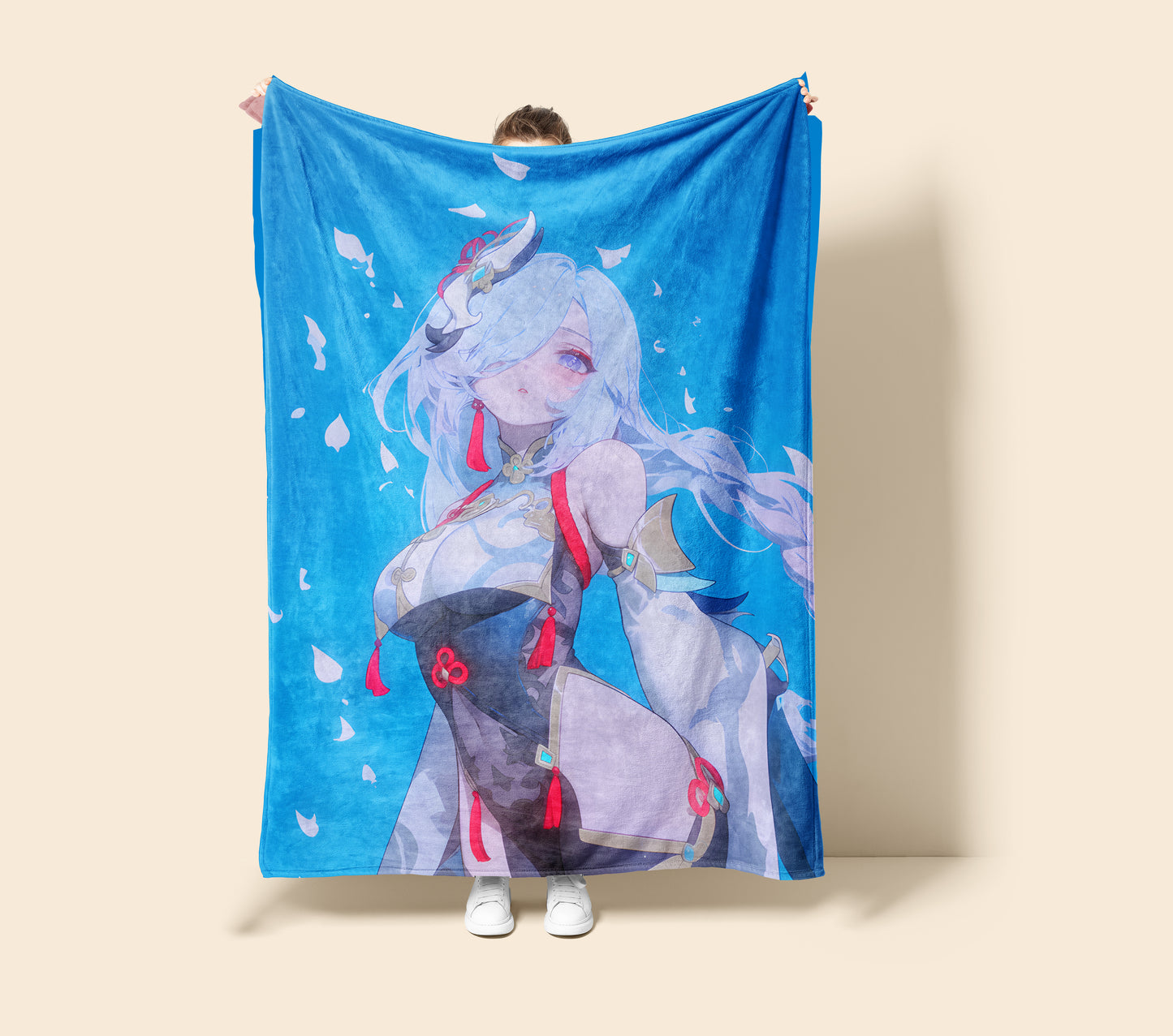 Genshin Impact Shenhe Combat Bodysuit Flannel Blanket, Liyue Adeptus Art Bedding, Sleek Otaku Home Decor